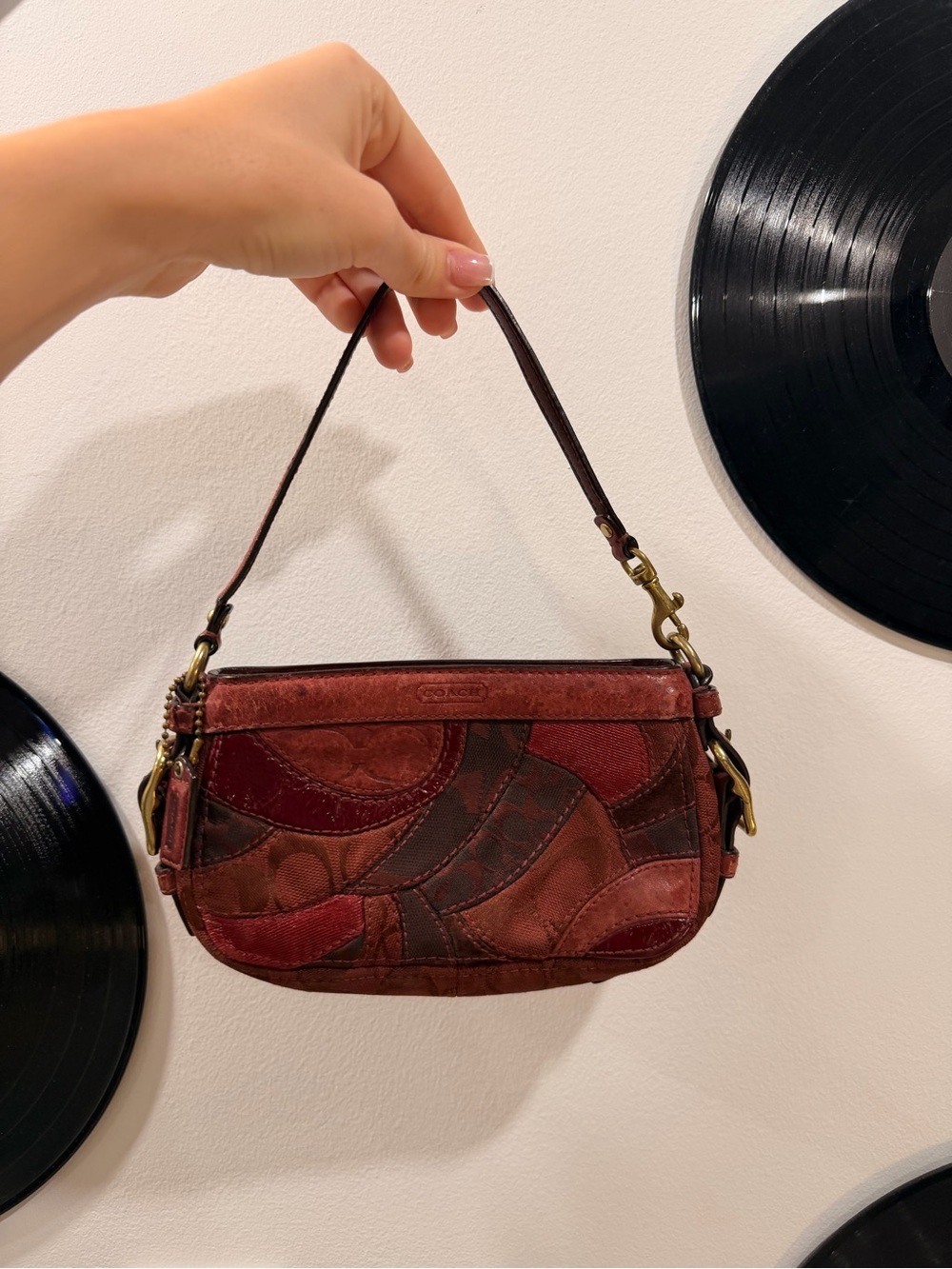 Coach Patchwork Mini Shoulder Bag in Burgundy and Brown